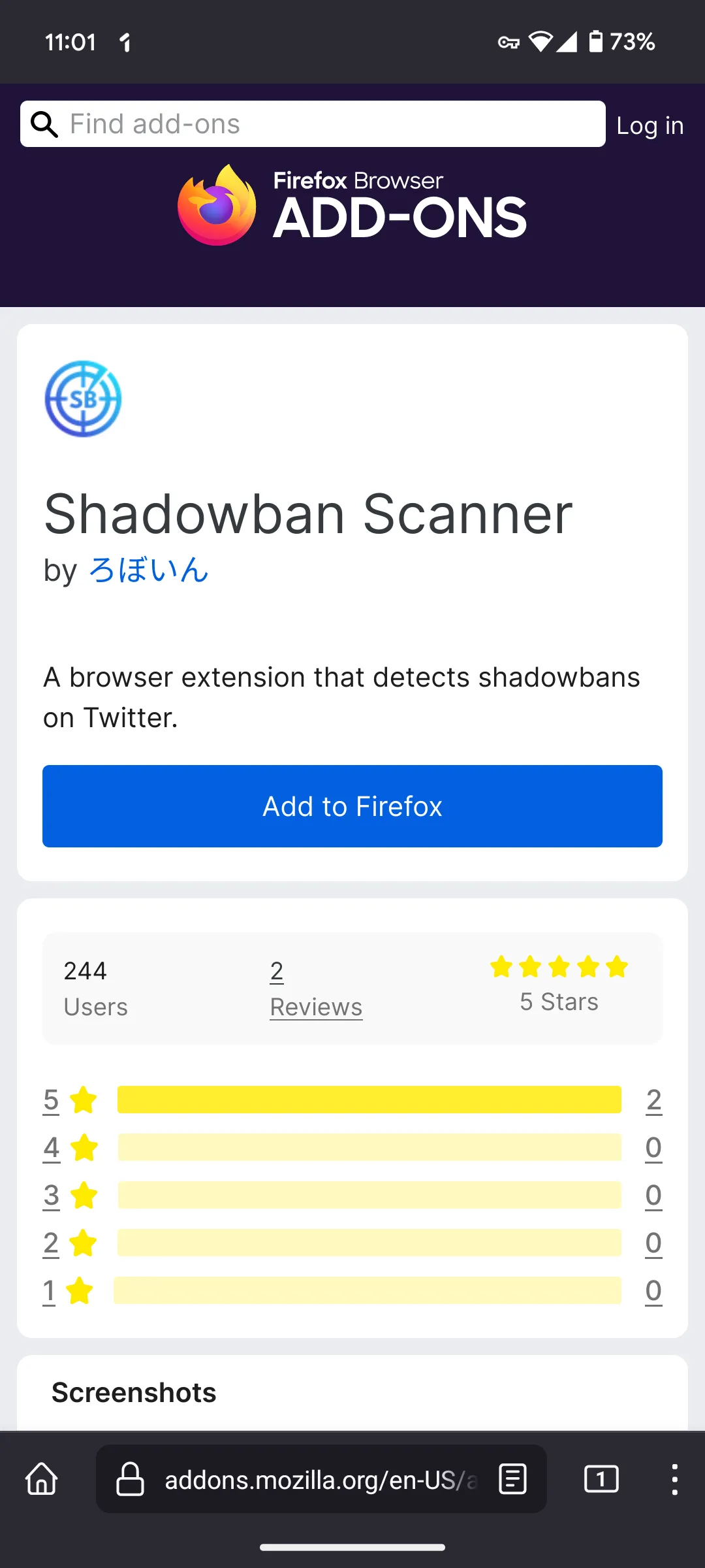Screenshot of Shadowban Scanner page on AMO