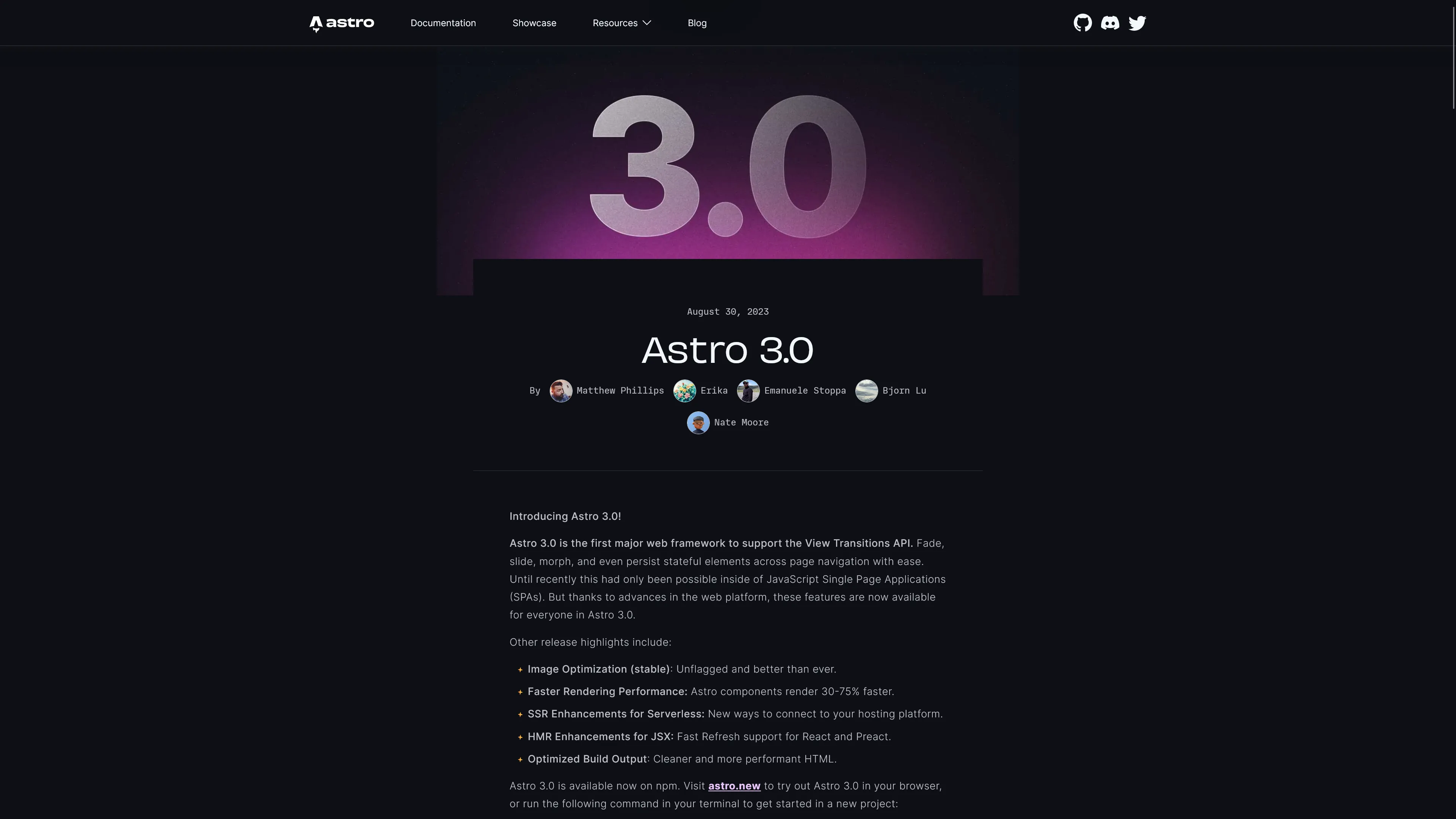 Astro 3.0のリリースを知らせる公式ブログのスクリーンショット