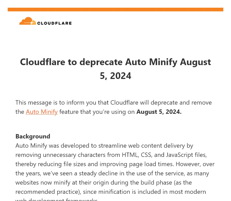 Cloudflareから利用者に送信されたメールの一部のスクリーンショット。「Cloudflare to deprecate Auto Minify August 5, 2024」というタイトルが書かれている