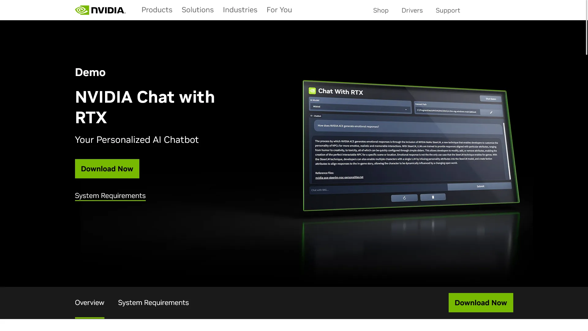 Chat with RTXの公式サイトのスクリーンショット