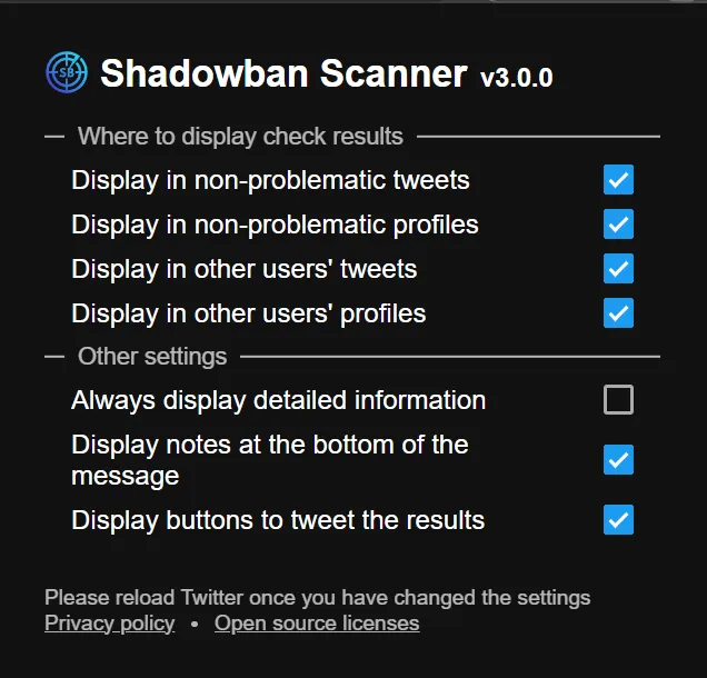 screenshot of Shadowban Scanner's settings window