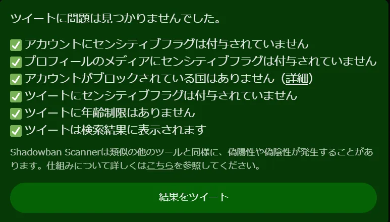 Shadowban Scannerのメッセージのスクリーンショット