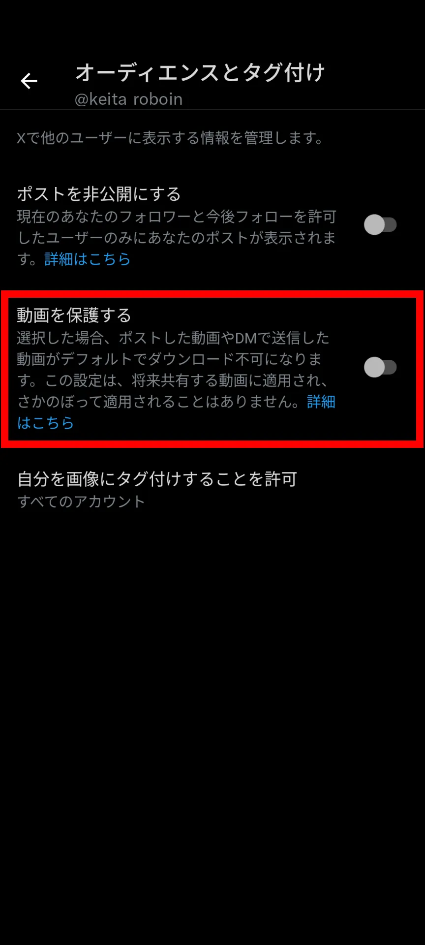 Xの［オーディエンスとタグ付け］ページのスクリーンショット