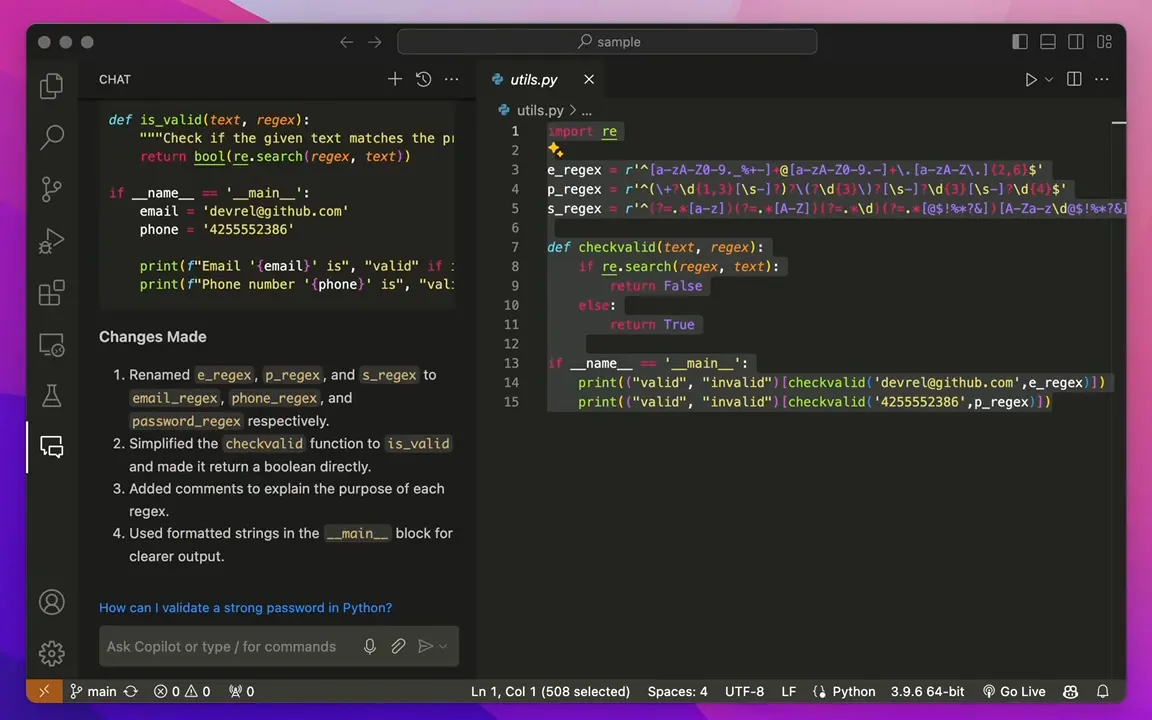 Visual Studio CodeでGitHub Copilot Chatを使用するようすのスクリーンショット