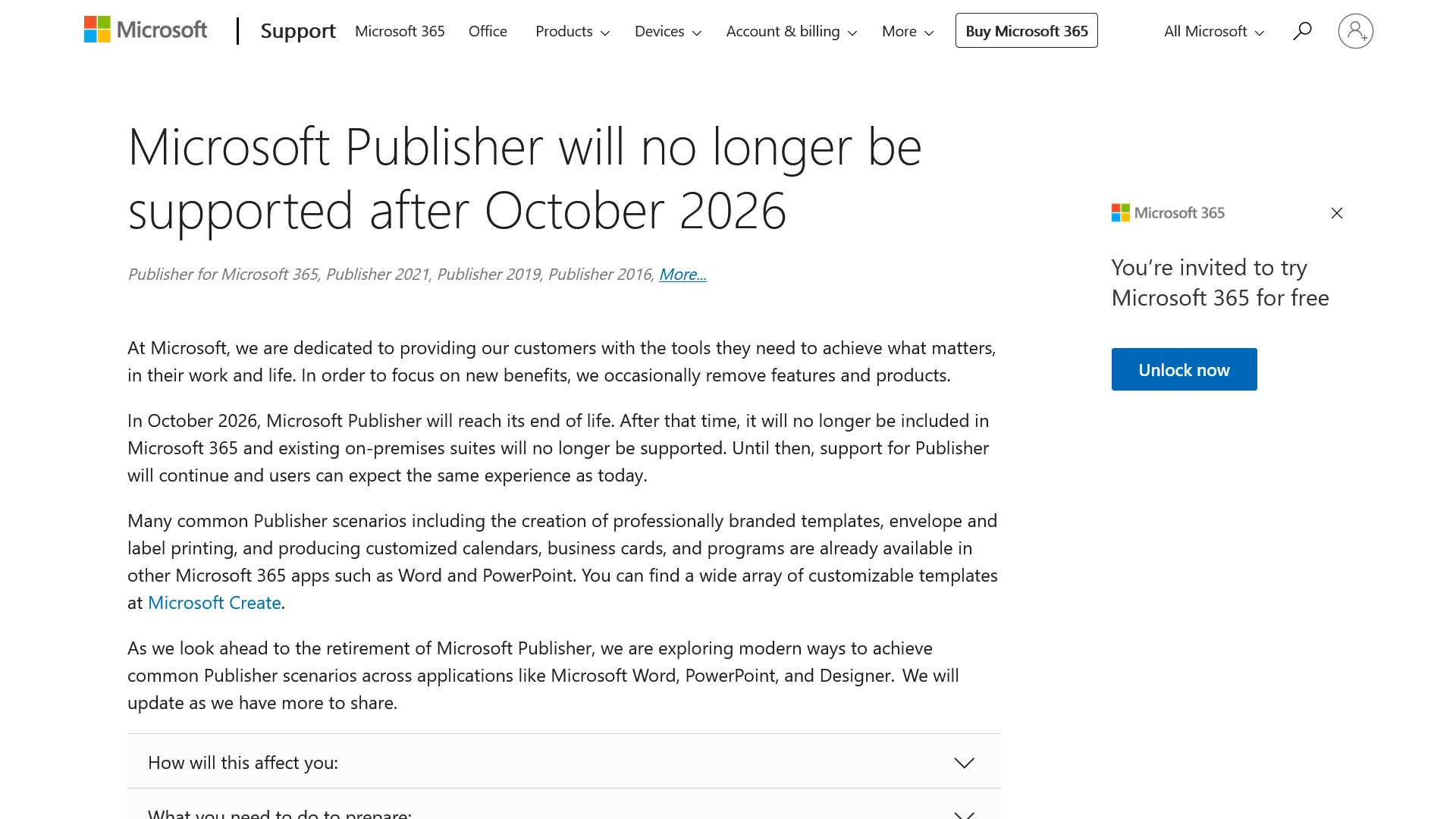 Microsoft Publisher will no longer be supported after October 2026
