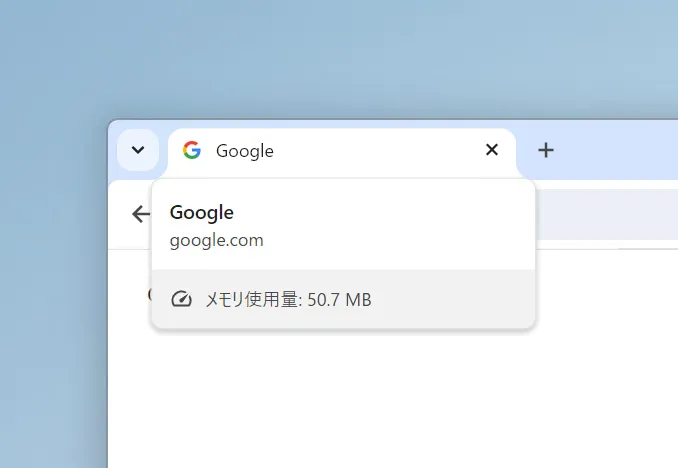 Chromeに表示されるメモリー使用量の表示のスクリーンショット