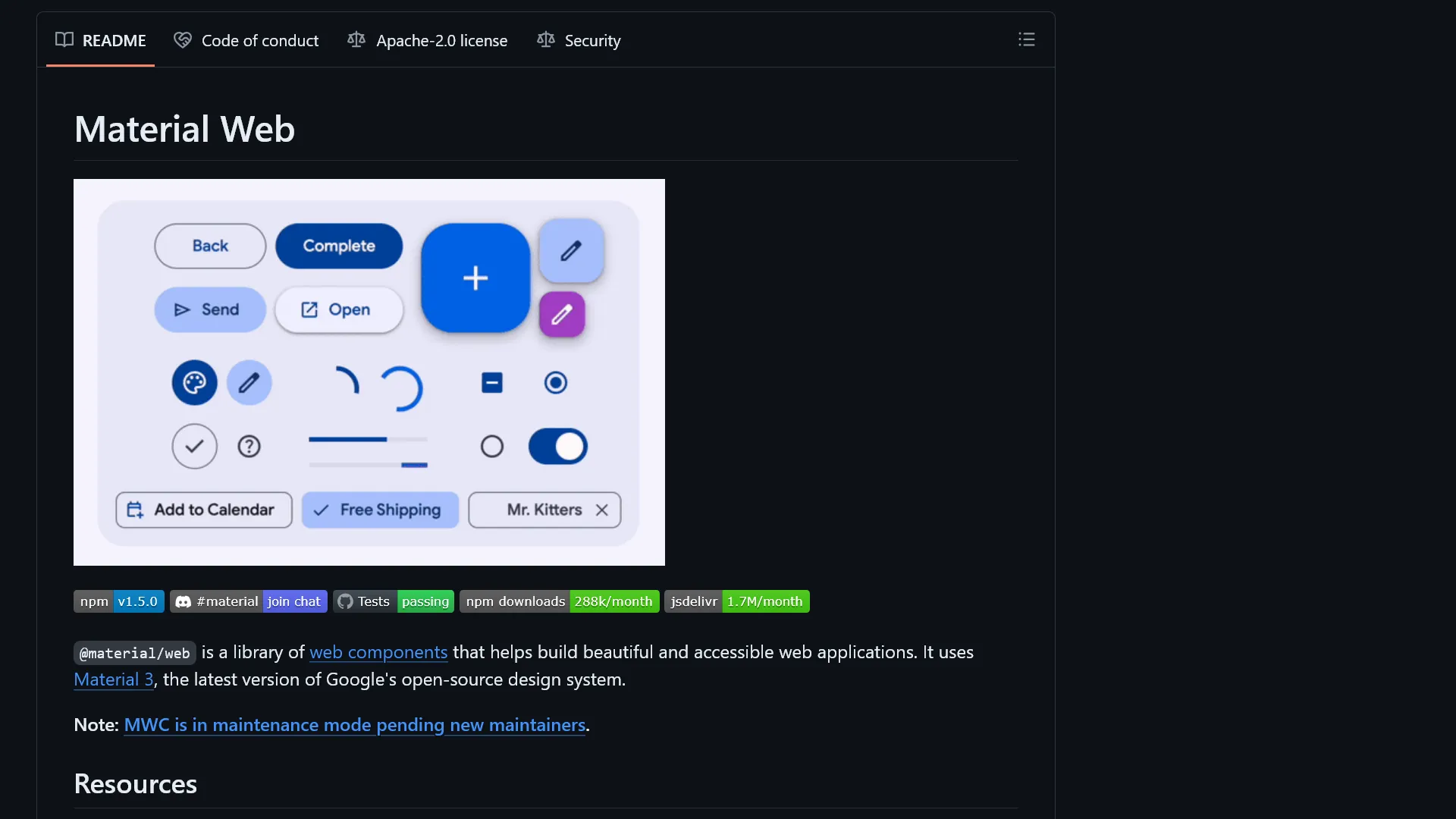 Material Web ComponentsのGitHubリポジトリーのREADMEのスクリーンショット