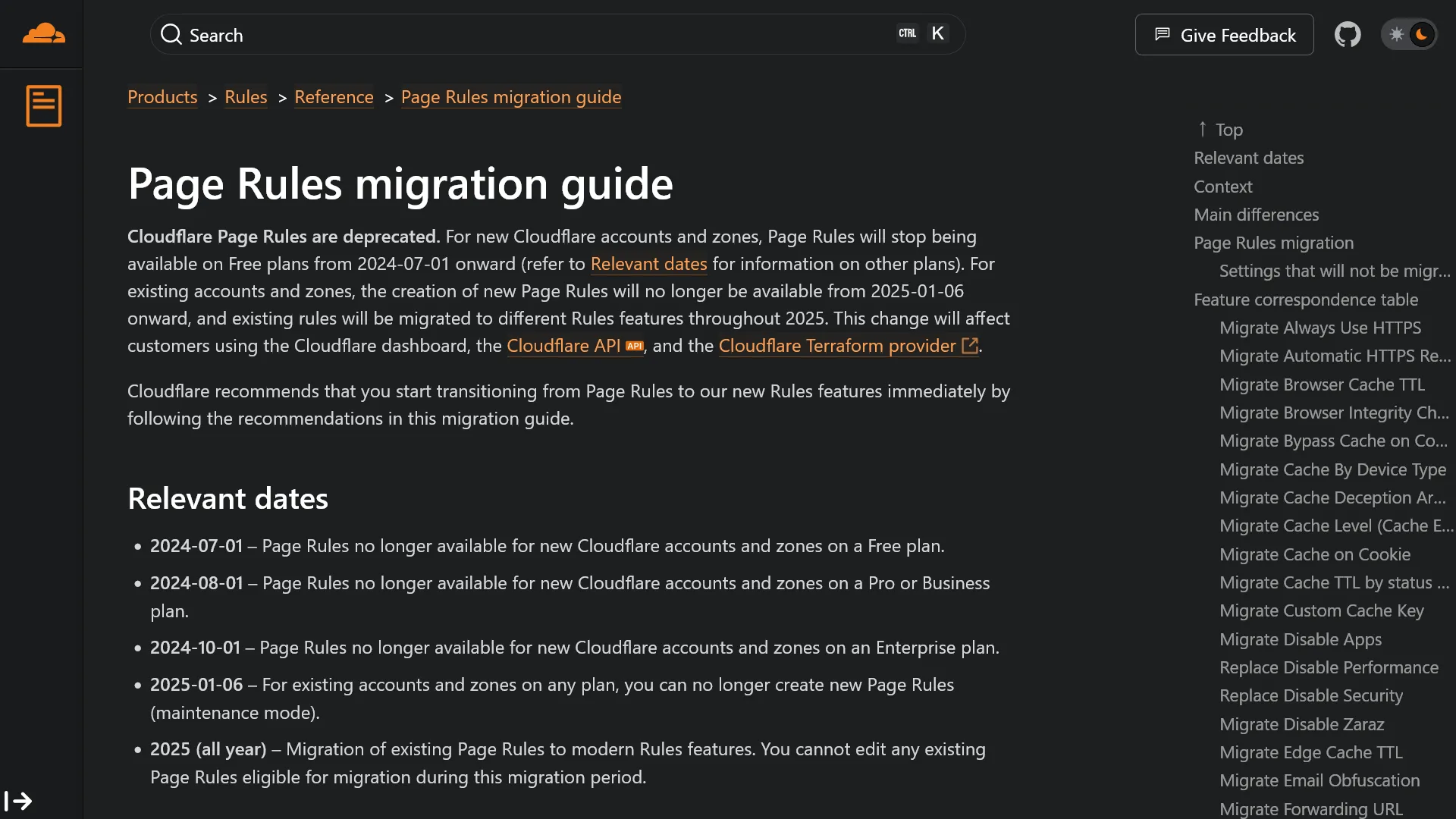 CloudflareのPage Rulesのマイグレーションガイドのスクリーンショット