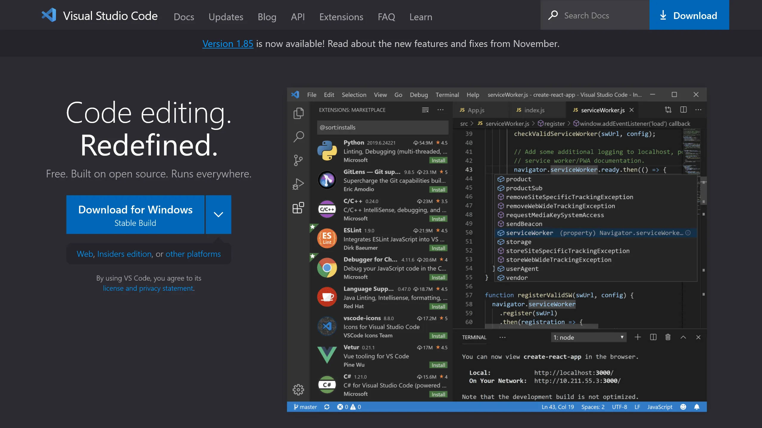 Visual Studio Codeの公式サイトのスクリーンショット
