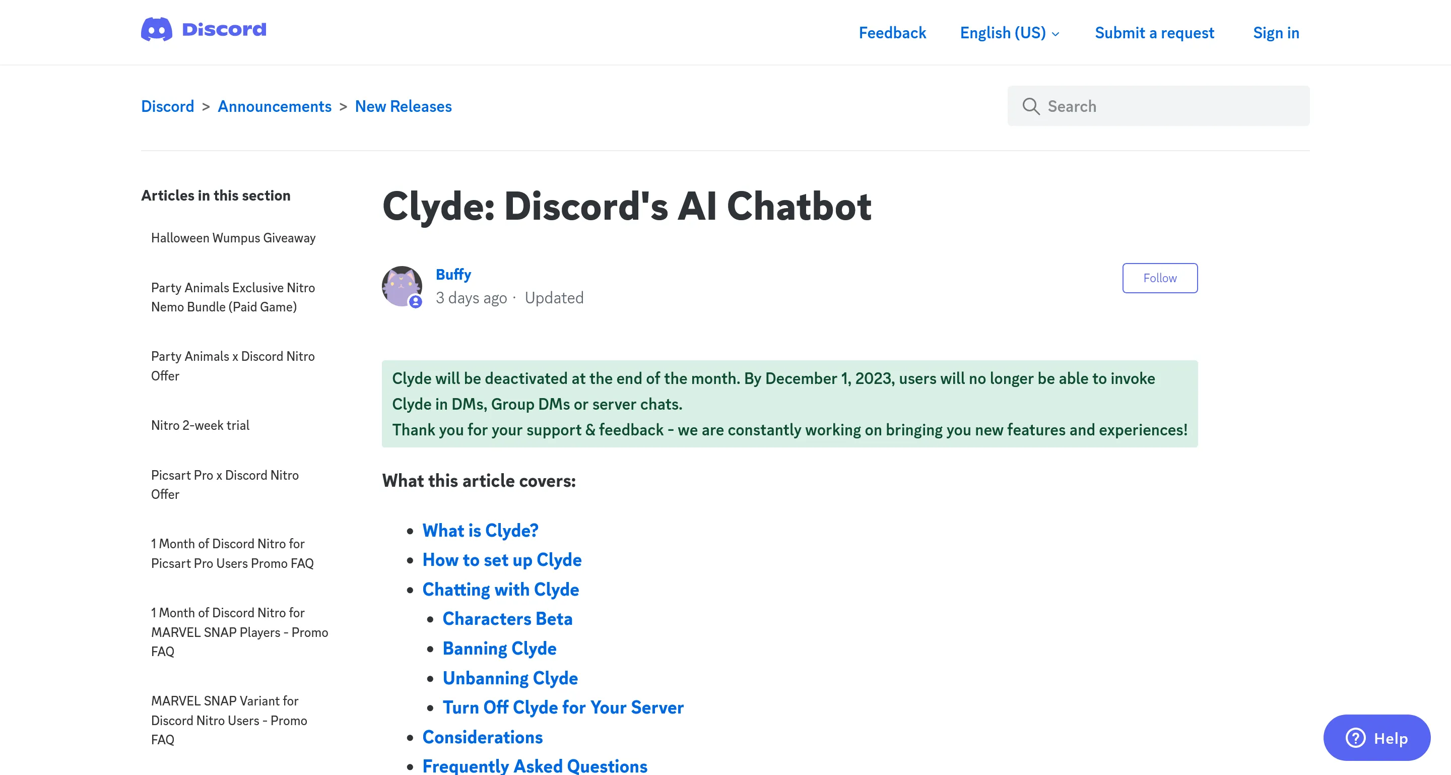 Clydeのサポートページのスクリーンショット