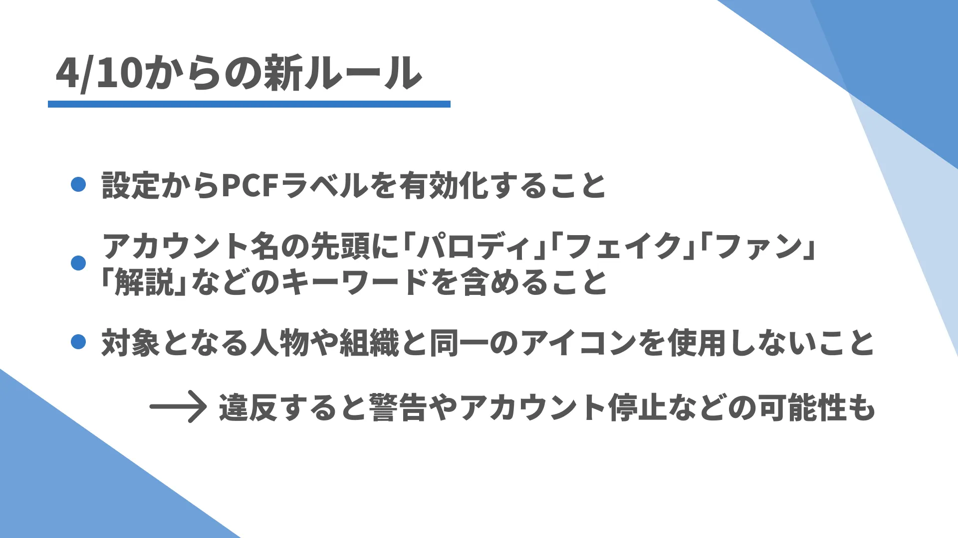 4/10からの新ルール 設定からPCFラベルを有効化すること アカウント名の先頭に「パロディ」「フェイク」「ファン」「解説」などのキーワードを含めること 対象となる人物や組織と同一のアイコンを使用しないこと 違反すると警告やアカウント停止などの可能性も