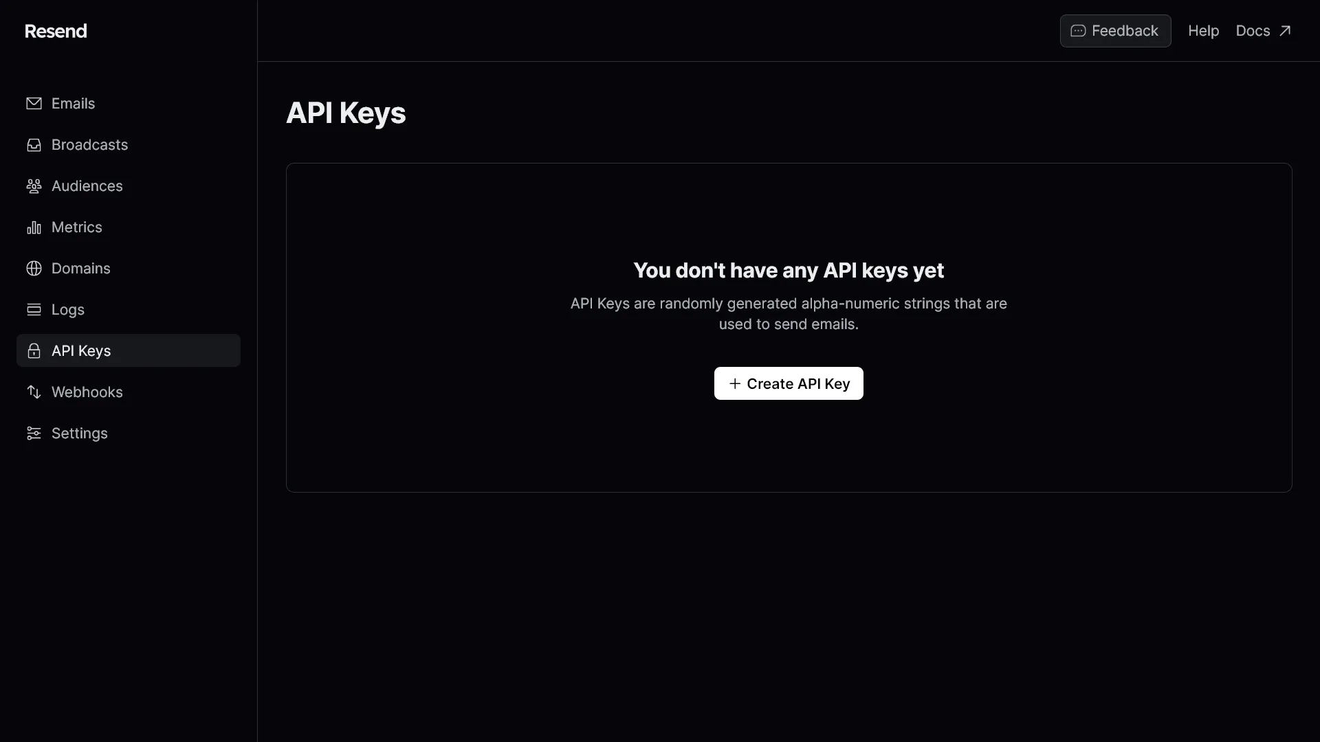Resendのダッシュボードの［API Keys］タブのスクリーンショット