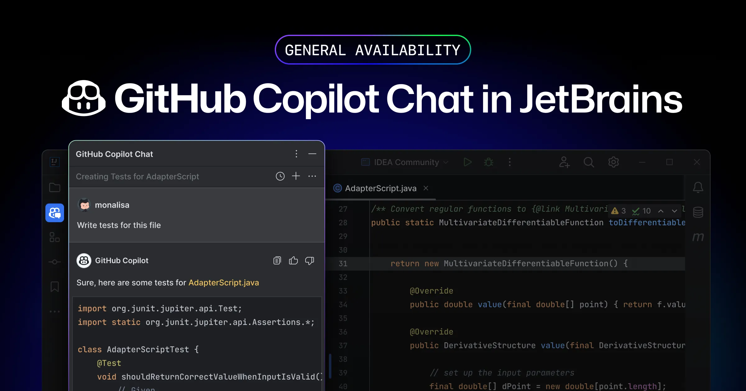 GitHub Copilot ChatがJetBrains IDEで利用可能になったことを示す画像