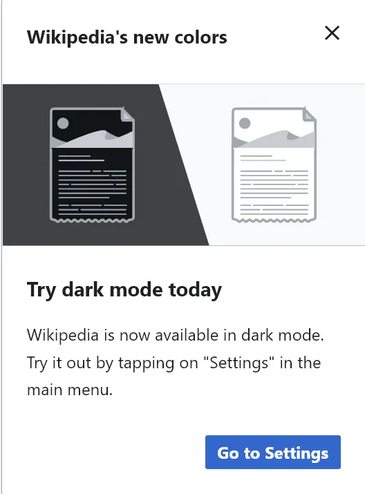 Wikipediaがダークモードをサポートしたことを示すダイアログのスクリーンショット