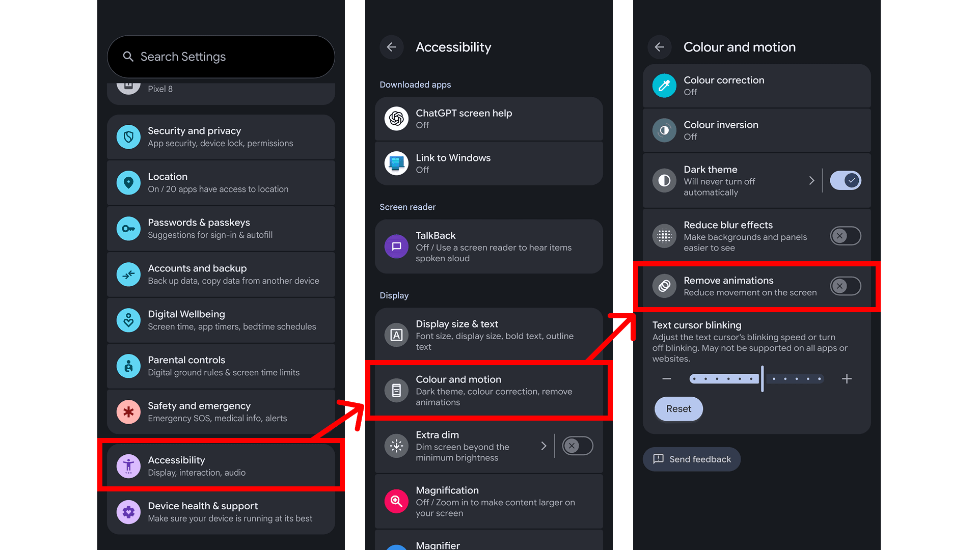 Screenshot of the Settings app showing [Accessibility] > [Color and motion] > [Remove animations]