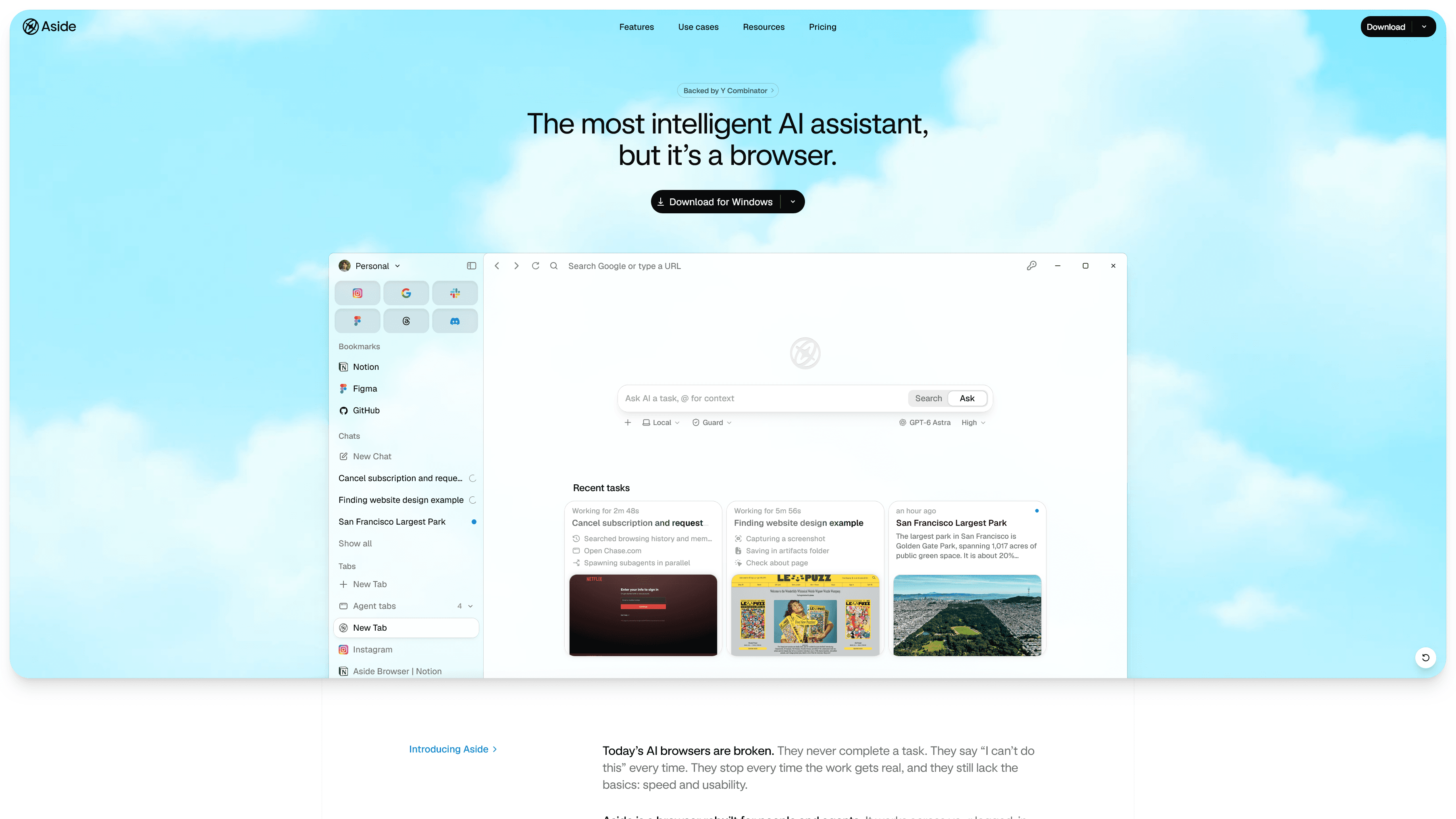 Asideの公式サイトのスクリーンショット。「The most intelligent AI assistant, but it’s a browser.」というキャッチコピーが大きく表示されている