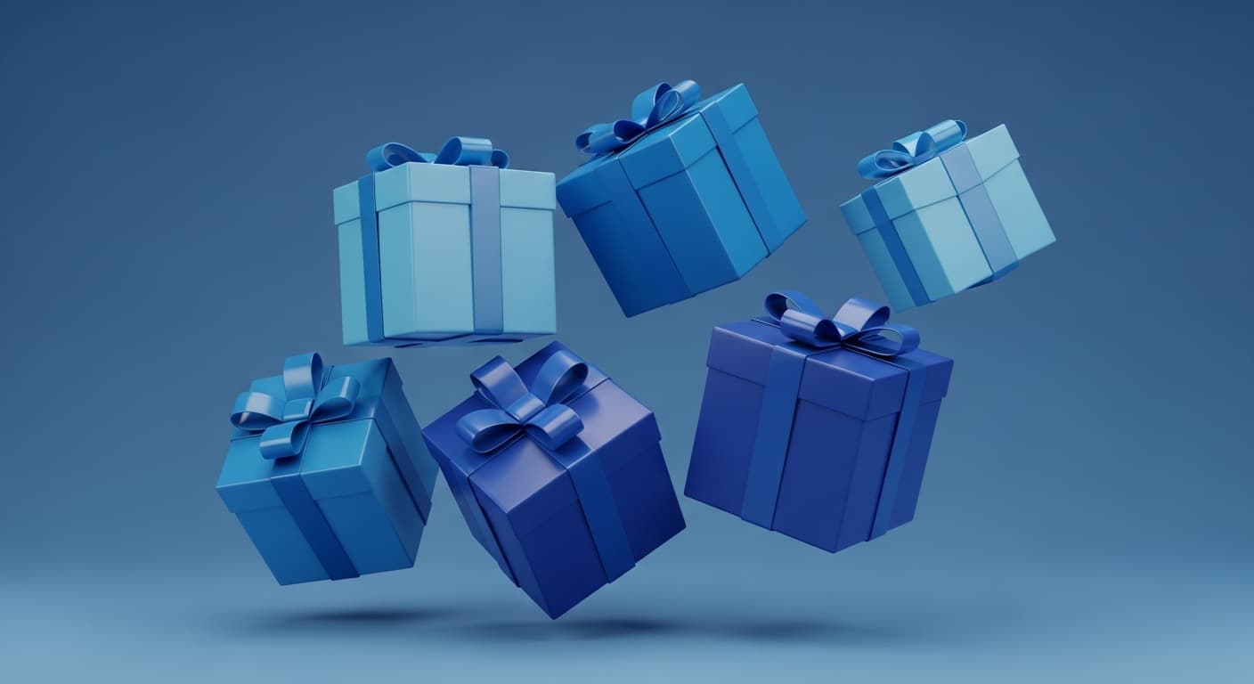 いくつかの青いプレゼントボックスが宙を舞っているCG画像