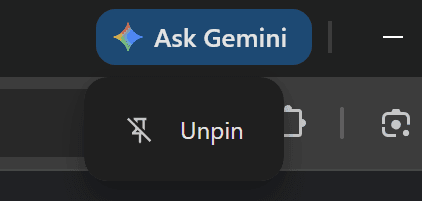Screenshot of a Chrome window with an [Ask Gemini] button and a context menu below it showing an [Unpin] option