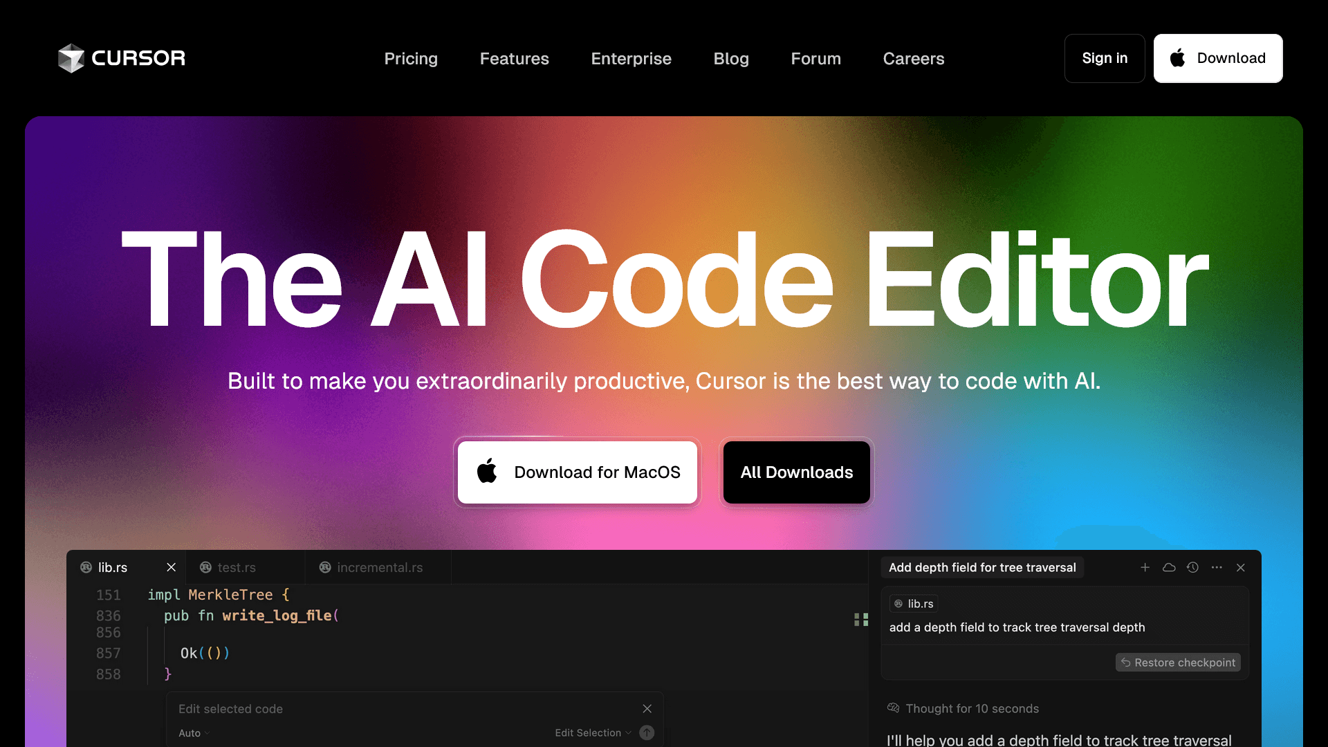 「The AI Code Editor」と書かれた、Cursorの公式サイトのスクリーンショット