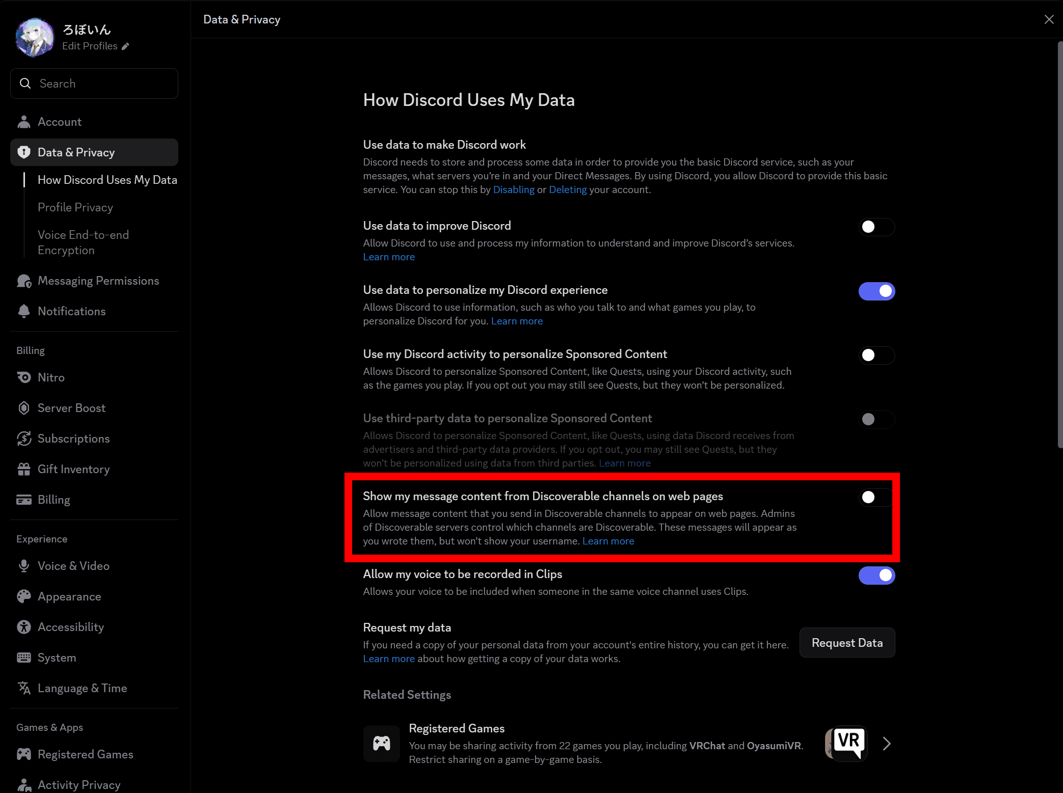 Screenshot of Discord's settings page, with the [Show my message content from discoverable channels on web pages] option highlighted by a red border in the [Data & Privacy] section.