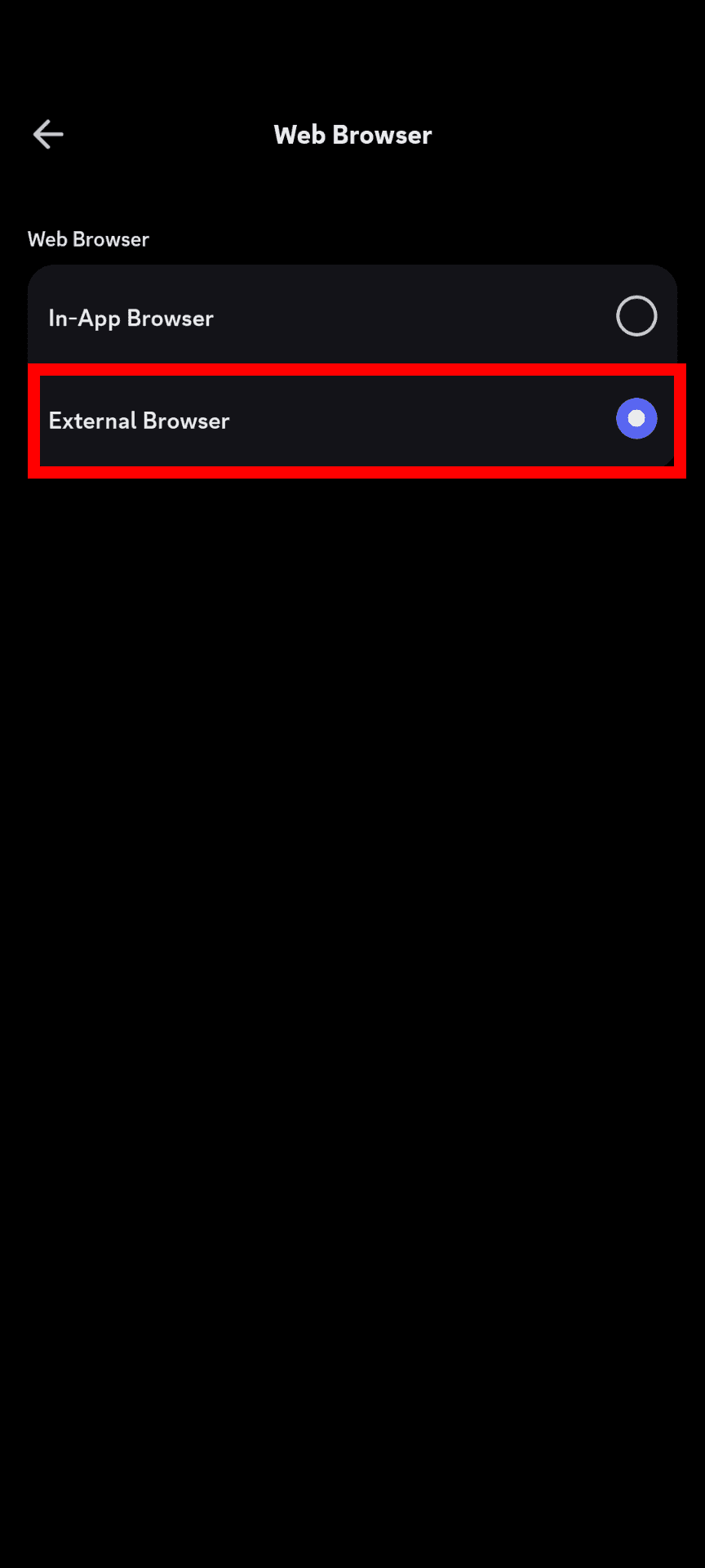 A screenshot of the Discord [Web Browser] settings. The options [In-App Browser] and [External Browser] are displayed