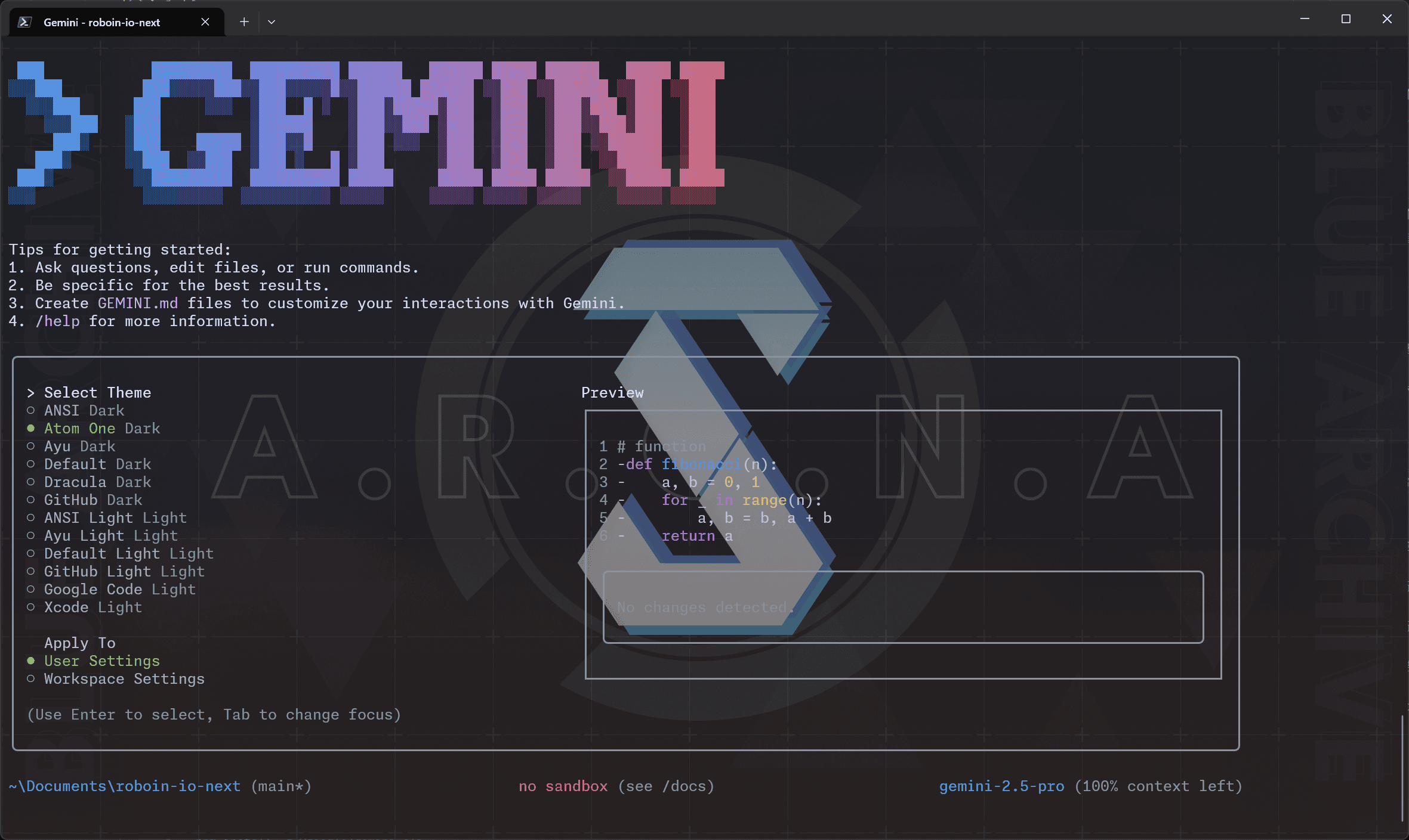 Gemini CLIのテーマ選択画面のスクリーンショット