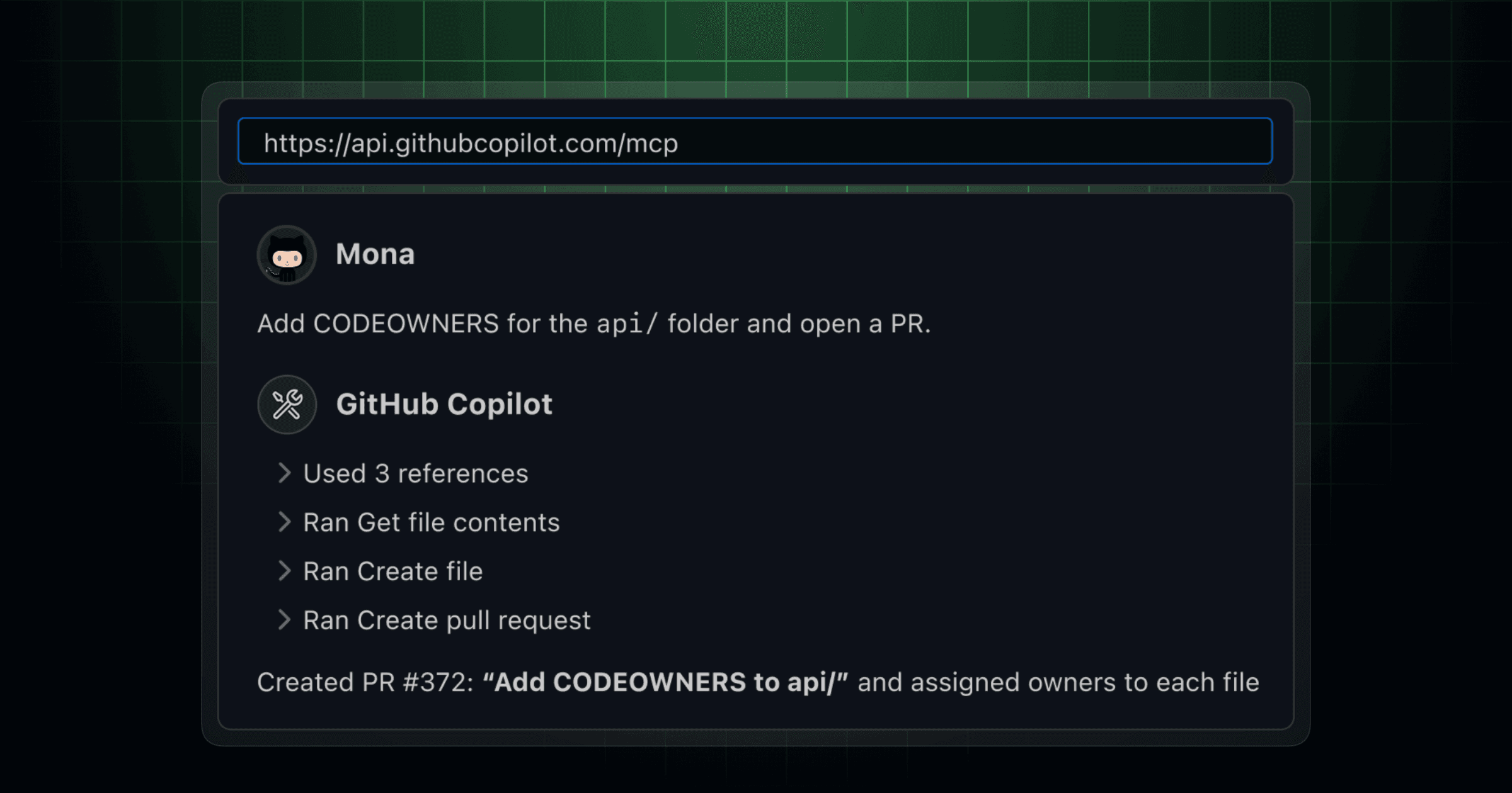 GitHub CopilotがMCPエンドポイント（https://api.githubcopilot.com/mcp）を通じて、Monaというユーザーからの指示で、api/フォルダーにCODEOWNERSファイルを追加し、PRを作成したことを示す画面。Copilotは3つのリファレンスを使用し、ファイル内容の取得、ファイル作成、プルリクエスト作成を順に実行。PR #372『Add CODEOWNERS to api/』が作成された。