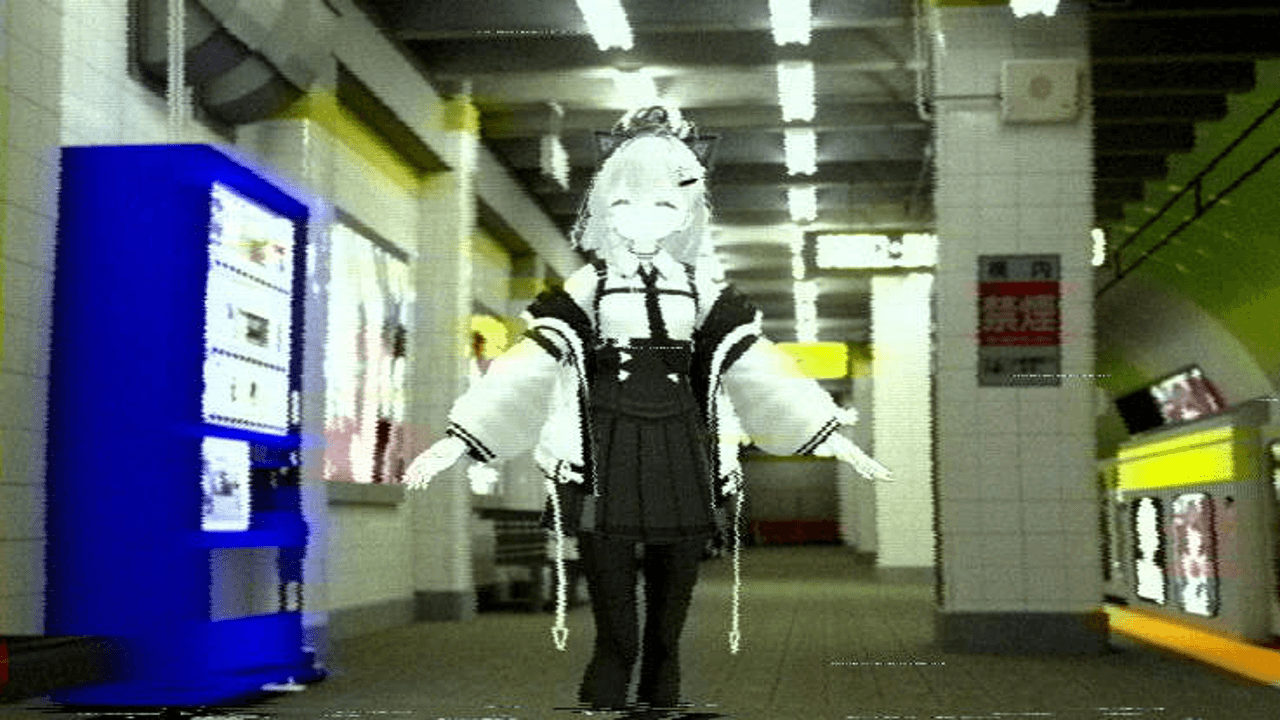 地下鉄駅風のVRChatワールドにVRChatアバター「ホノカ」が立っている画像。ホノカは白と黒を基調とした服を着ており、画像全体は劣化したような加工が施されている