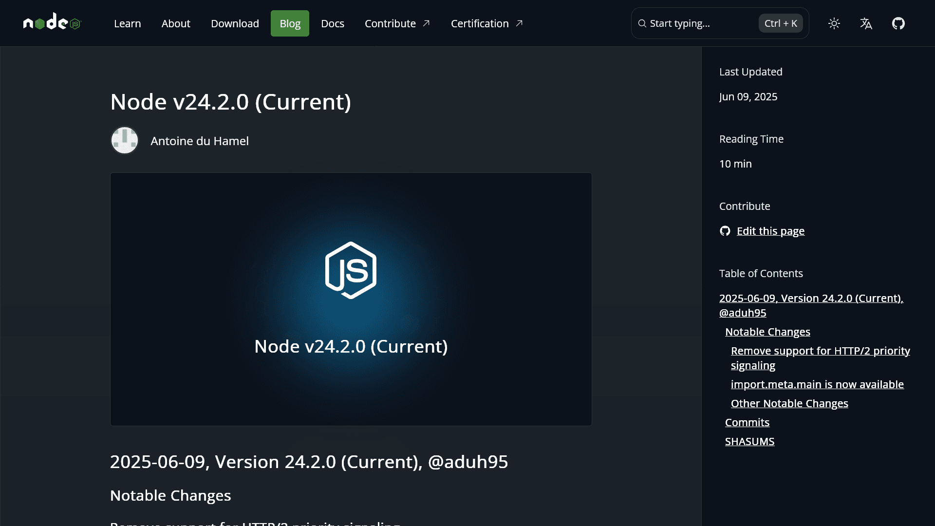 Node.js v24.2.0のリリースノートのスクリーンショット