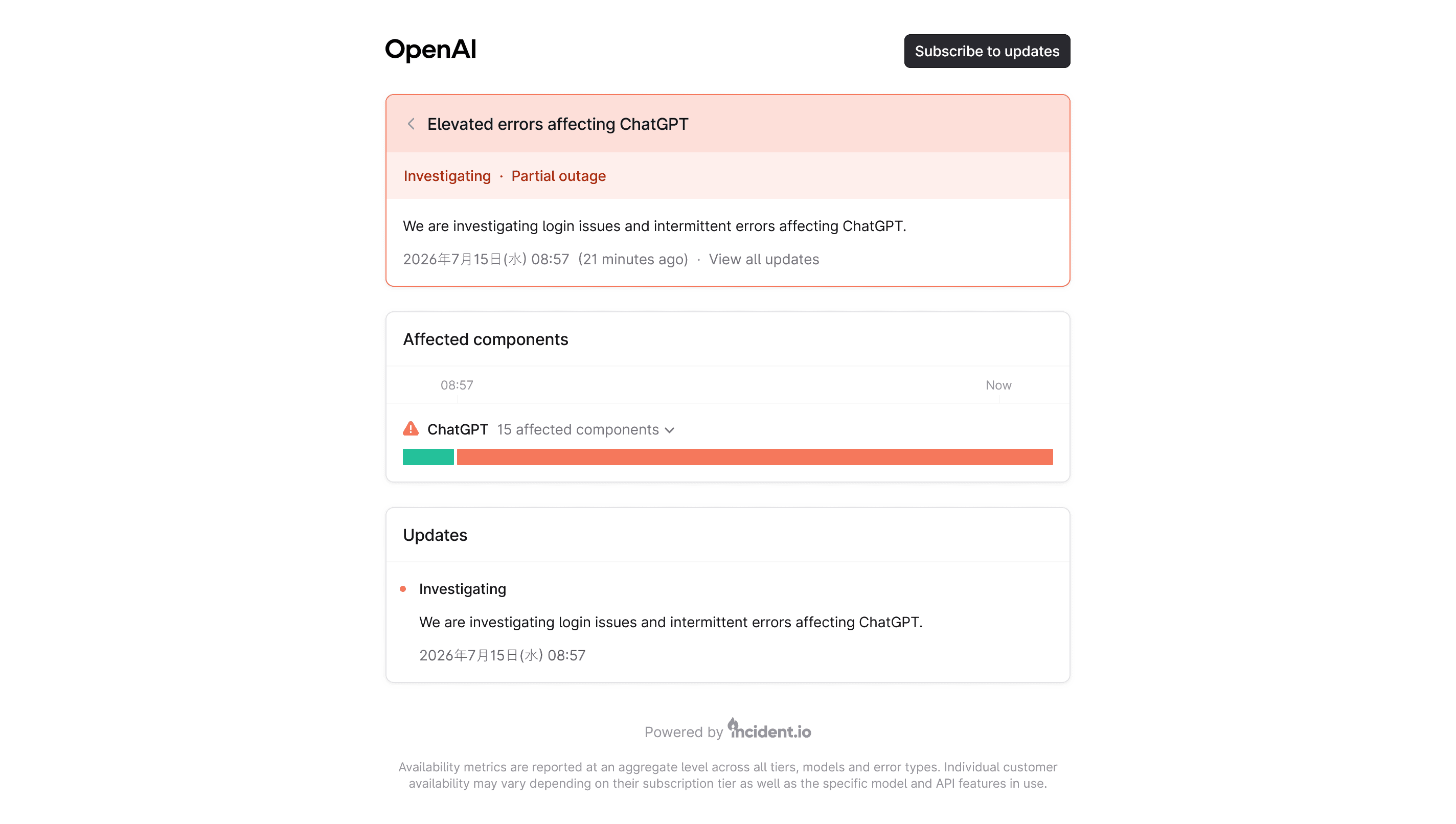 OpenAIのステータスページのスクリーンショット