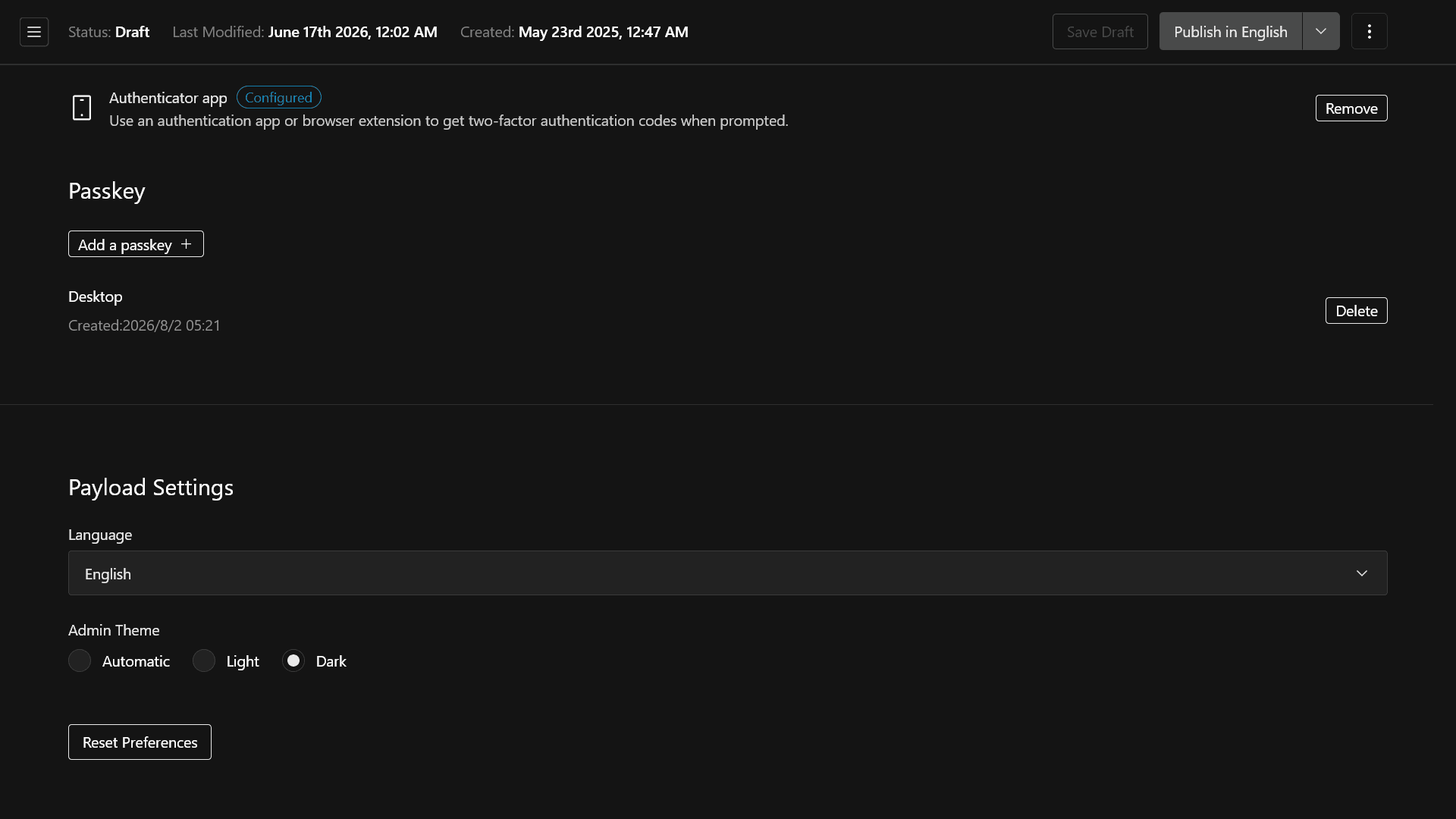 Screenshot showing a passkey management section added to the Payload CMS account management screen