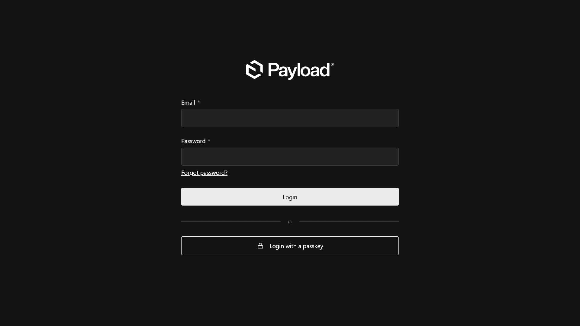Screenshot showing a [Login with a passkey] button added to the bottom of the Payload CMS login screen