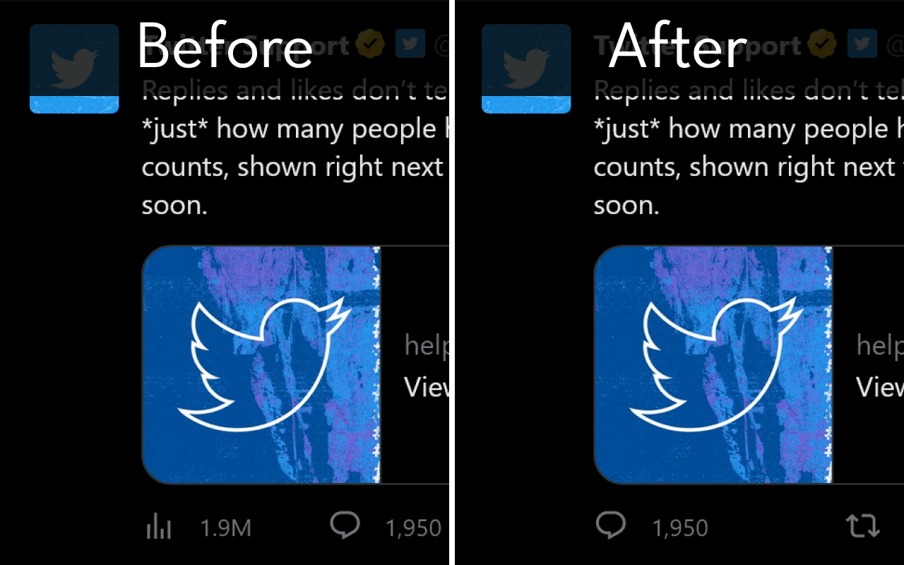 拡張機能をインストールする前と後の比較画像。ツイートの左下に表示されるインプレッション数が非表示になっている