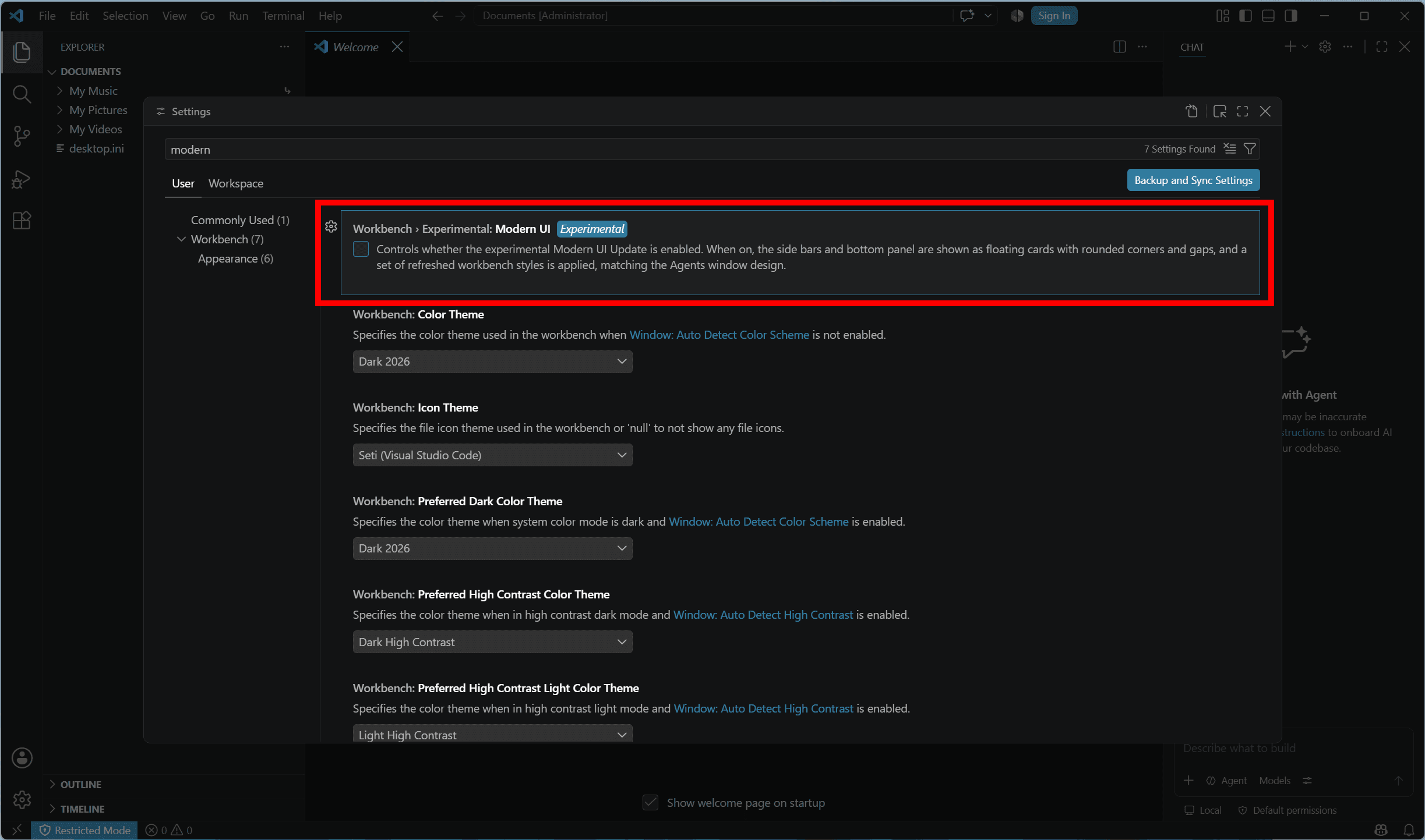 VS Codeの設定画面で［Workbench > Experimental: Modern UI］が赤い枠線で強調されているスクリーンショット
