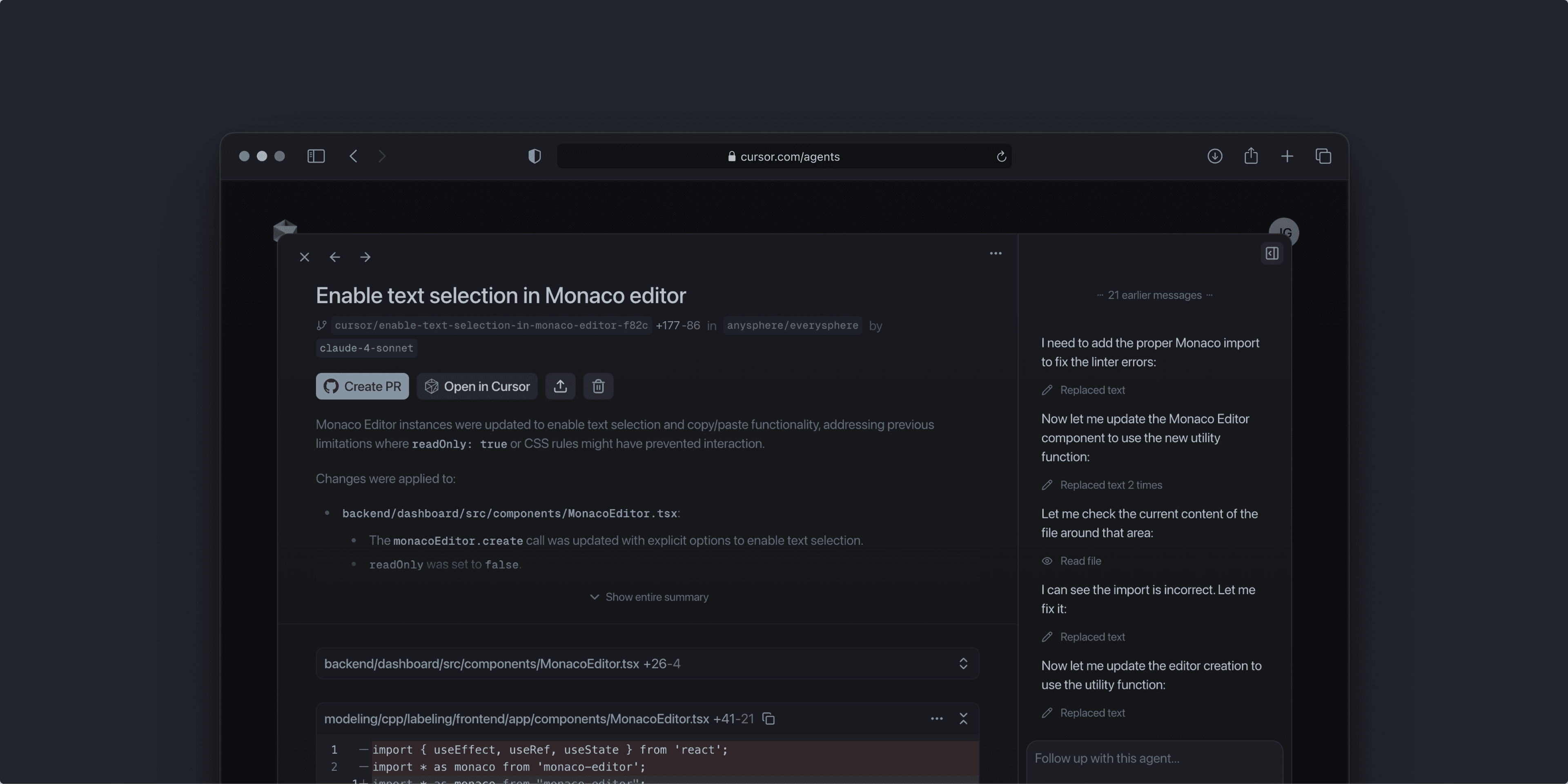 Web版のCursorでプルリクエストを表示したようす