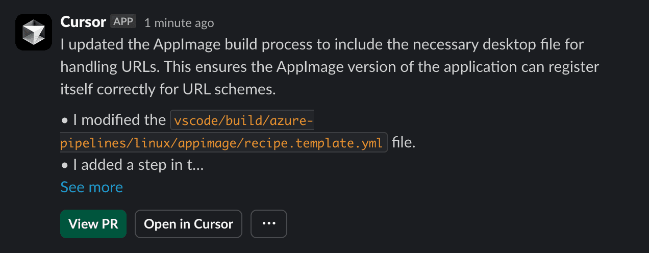 Slack上にCursorのメッセージが表示されているようすのスクリーンショット
