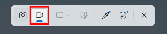 WindowsのSnipping Toolのメニューバーのスクリーンショット。ビデオカメラのアイコンのボタンが赤い枠線で強調されている