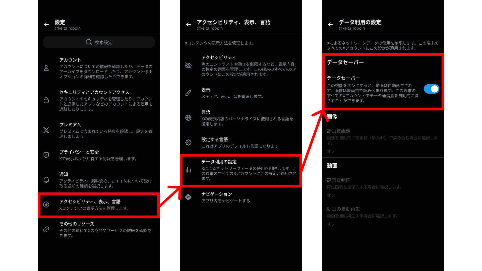 Xアプリの［設定とプライバシー］>［アクセシビリティ、表示、言語］>［データ利用の設定］>［データセーバー］のスクリーンショット