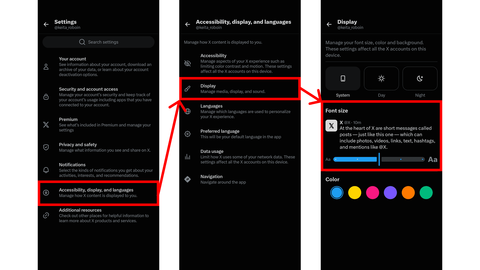 Screenshot of [Accessibility, display, and languages] > [Display] > [Font size] in the X settings