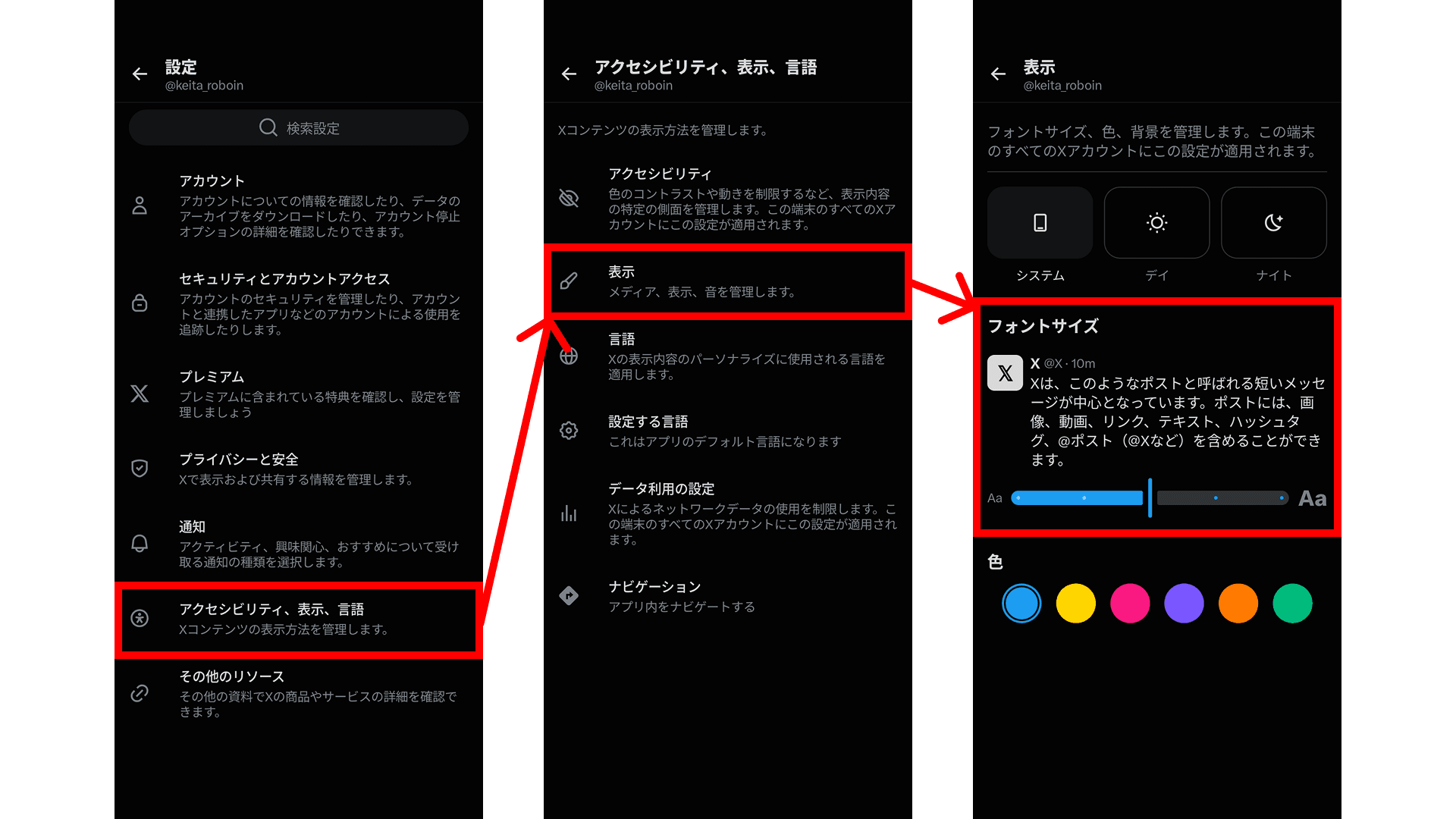 Xの設定の［アクセシビリティ、表示、言語］>［表示］>［フォントサイズ］のスクリーンショット