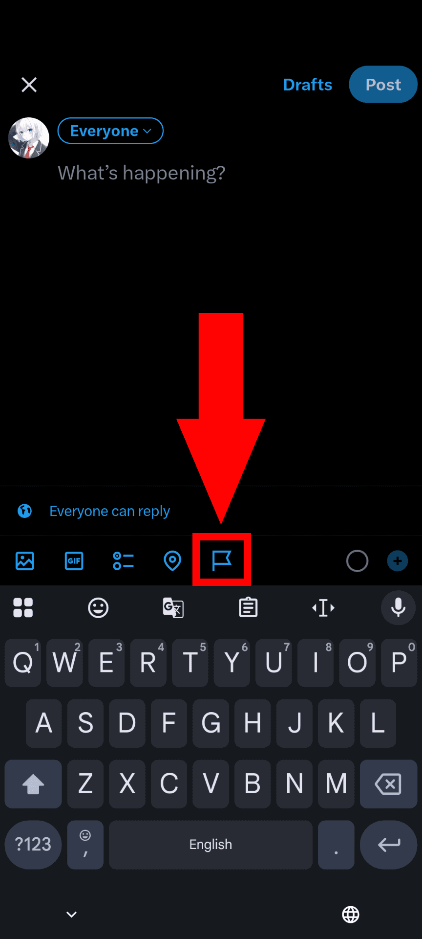 A screenshot of the X mobile app, showing the flag button at the bottom of the post submission screen.