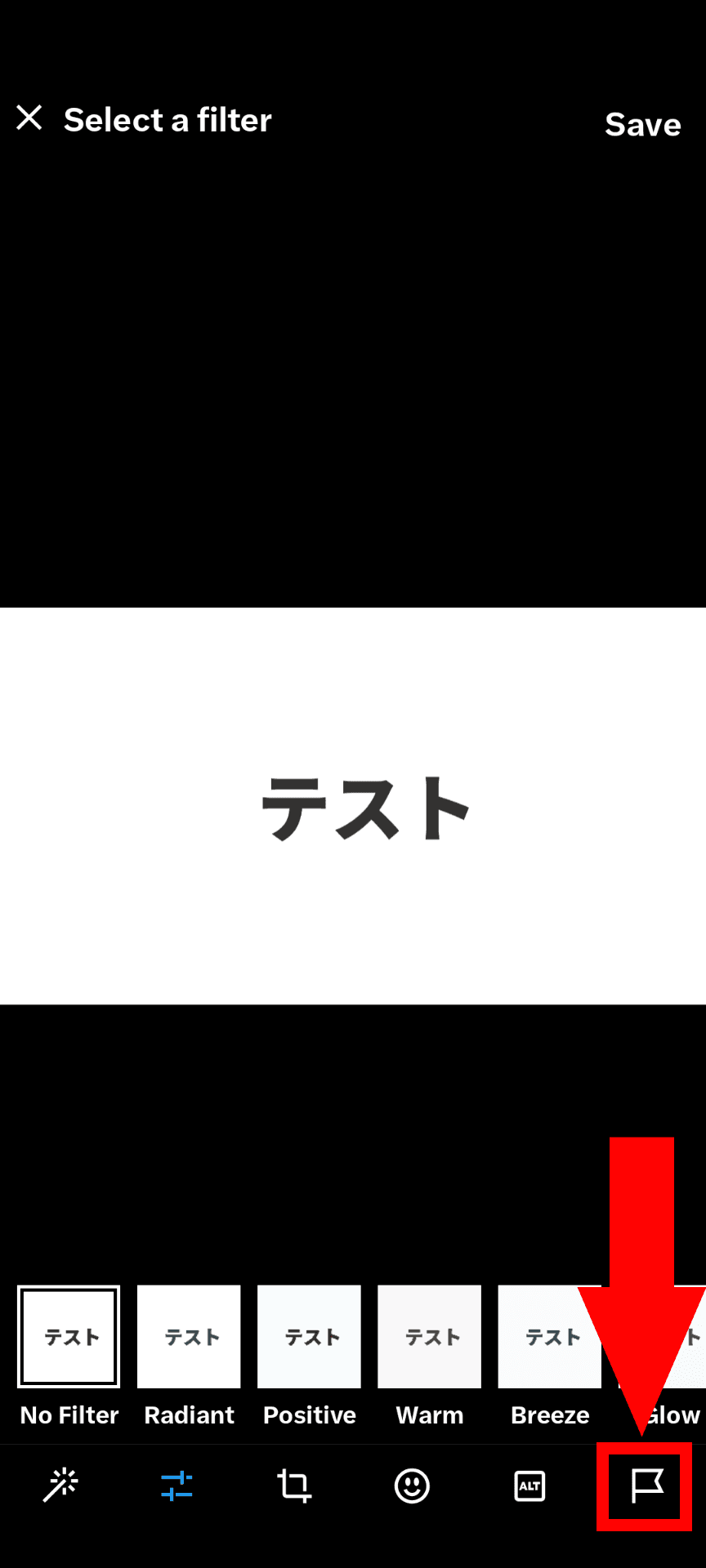 A screenshot of the image editing screen in the X smartphone app. A button with a flag icon is displayed in the bottom-right
