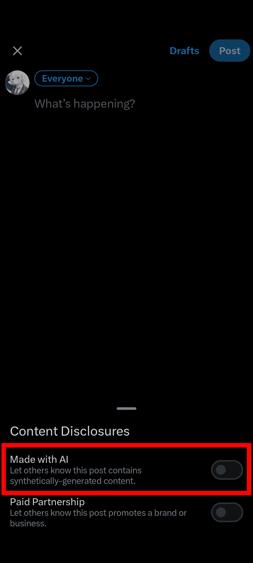 A screenshot from X's mobile app, showing the captions "Made with AI" and "Mark this post as containing synthetically generated content" under a menu titled "Content disclosure."