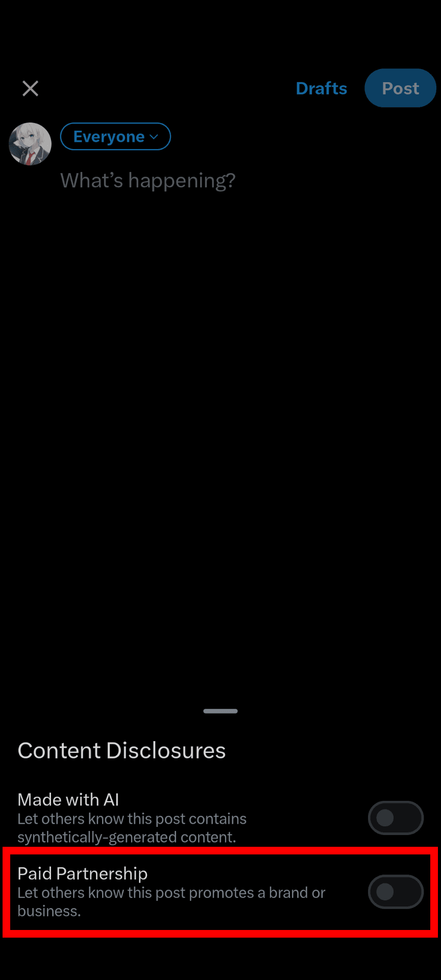 A screenshot from X's mobile app, showing the captions "Paid partnership" and "Mark this post as a paid partnership" under a menu titled "Content disclosure."