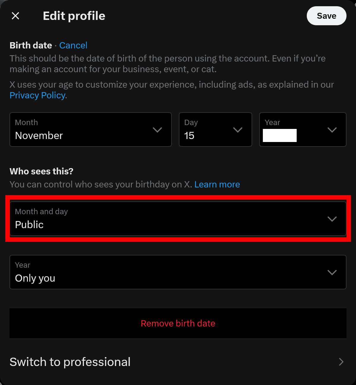 Screenshot of the birth date settings in X. [Month and day] under [Who sees this?] is set to [Public]