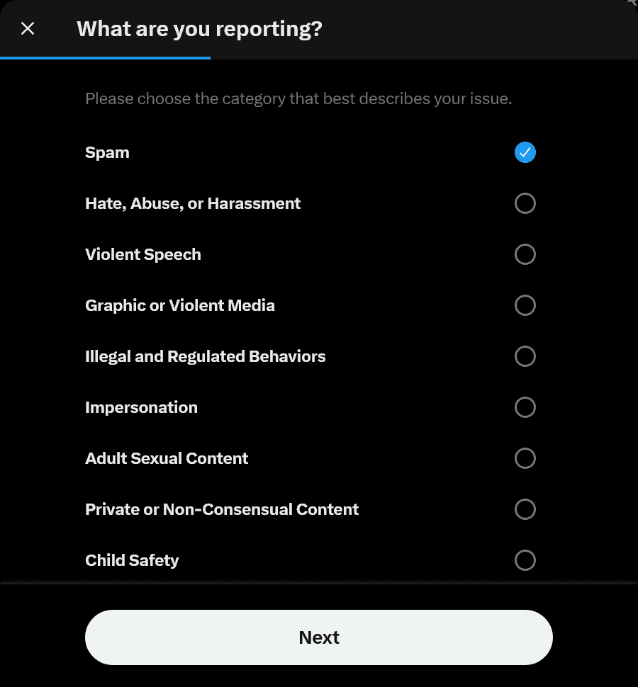 A screenshot of a dialog titled [What are you reporting?] with [Spam] selected