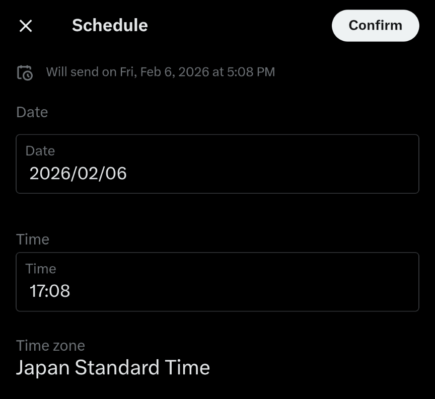 A screenshot of the scheduled post settings screen on X. The items [Date], [Time], and [Time zone] are displayed, and [Date] and [Time] are in an editable state.