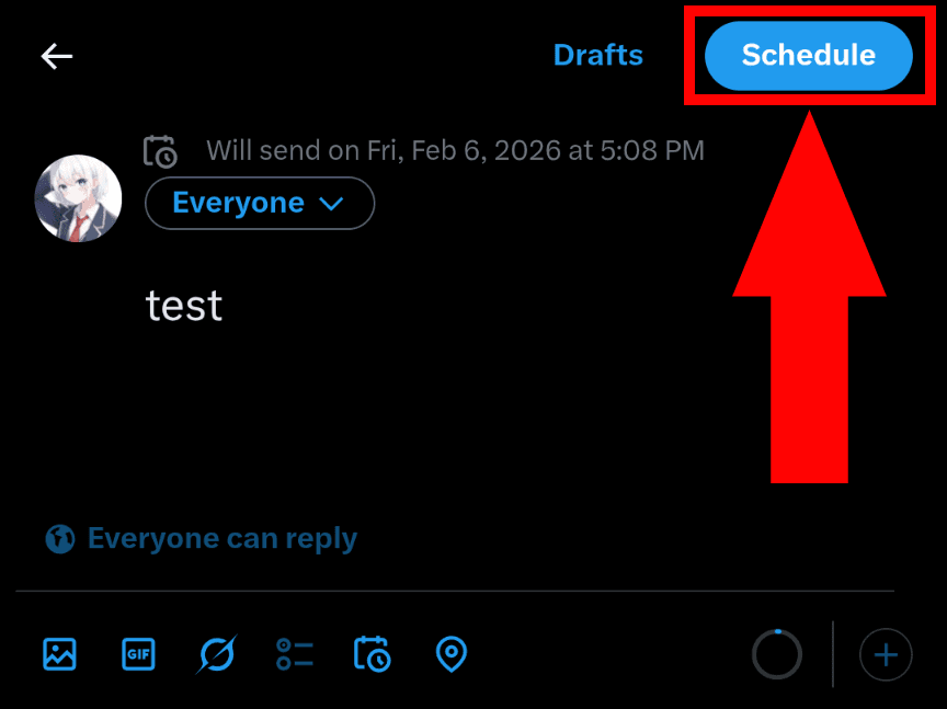 A screenshot of the X post composition screen. The [Schedule] button in the upper right is highlighted with a red outline and an arrow.