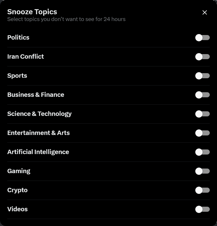 Screenshot of the dialog that says [Snooze Topics] [Select topics you don’t want to see for 24 hours]
