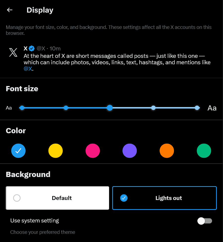 A screenshot of the X theme settings screen. Only "Default" and "Lights out" are displayed, and "Dim" is not available.